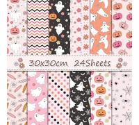 Halloween Scrapbook Paper 24 Sheets Double-Sided Decorative Craft Paper Pad with Patterns of Pumpkins Candies Ghosts Flowers for Scrapbooking Origami Junk Journaling Card Making
