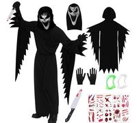 Halloween Scream Costume, Scream Ghost Face Costume with Ghost Scream Mask, Knife and Halloween Tattoo, Horror Ghost Face Costume, Adult Halloween Costumes, Men for Party, Carnival, Cosplay