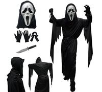 Halloween scream costume, screaming ghost costume, adults and children, black scream costume, ghost scream mask, Halloween party full body costume with scream mask and gloves and knife