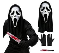 Halloween Scream Mask, Scary Ghost Face Mask with Hood & Horror Knife Set | and Black Gloves, Ghostface Mask for Halloween Adults Men Women, Creepy Costume Cosplay Party Decorations