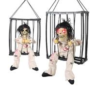 Halloween Screaming Animated Decorations Zombie Halloween Decor Prop with Motion Sensor Scary Skull Cage Prisoner Spooky Hanging Ghost Light Up Eyes Decorations for Outdoor, Indoor, and Party Use