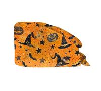 Halloween Scrub Caps for Women Men Doctors Adjustable Cotton Nurse Caps Unisex Surgical Hat with Pumpkin Cat Print Hat Tie Back Head Cover for Kitchen Cooking Shower Bath