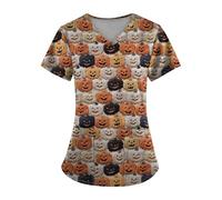 Halloween Scrub Top for Women 2024 Fall Ghost Pumpkin Bat Printed V-Neck Short Sleeve Tee Shirts Working Uniform Halloween Clothes Womens Halloween Costumes 2024,Earthy Yellow,XXL,U724S,Ladies Dress