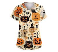 Halloween Scrub Tops Nursing Shirt with Pockets Holiday Costumes V-Neck Pumpkin Cat Bat Pattern Nursing Uniforms for Women 03-Earthy Yellow L