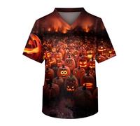 Halloween Scrubs Tops for Men Short Sleeve V Neck Uniform Men's Plus Size Shirt Comfy Casual Polyeste T-Shirts with Pockets Top Workwear for Men UK