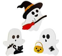 Halloween Seasonal Plaques Set of 3 with Pumpkin and Witch Motifs, Wooden Decorative Pieces for Indoor Use on Various Surfaces