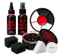 Halloween SFX Makeup Kit with 3 Fake Blood Effects, Face Paint and Sponges | 50g coagulated blood, 50mL spray and drip bottles, black, white and red face paint palette,plus coarse and fine sponges