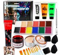 Halloween SFX Makeup Kit with UV Glow Paints - 12 Color Face & Body Paint Palette, Scar Wax, Fake Blood & Coagulated Blood, Special Effects Makeup for Cosplay, Zombie Makeup & Blacklight Party