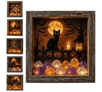 Halloween Shadow Box Frame Night Light, DIY Lighted Shadow Box Craft Kit, Halloween Sea Glass Boxes Decorations Indoor, Memory Display Case with Crystal Glass & Wooden Frame, LED Gothic Decor (Dd)