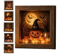 Halloween Shadow Box Frame Night Light, DIY Lighted Shadow Box Craft Kit, Halloween Sea Glass Boxes Decorations Indoor, Memory Display Case with Crystal Glass & Wooden Frame, LED Gothic Decor (Aa)