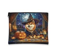 Halloween Shiba Inu Dog Makeup Bag 7x9 Inch for Travel Pouch, Fun Scary Witch Bat Print Cosmetic Pouch for Women, Witchy Tarot Portable Canvas Zipper Organizer