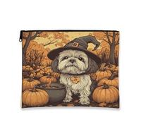 Halloween Shih Tzu Dog Makeup Bag 7''x9'' for Travel Purse, Vintage Scary Witch Cosmetic Pouch for Women Gift, Creepy Cauldron Portable Canvas Zipper Organizer Toiletry Pouch