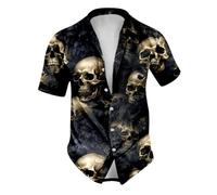 Halloween Shirt Men Fun Pumpkins Skull Long Sleeve Button Down Casual Jack-O-Lantern Costume Dress Shirt Theme Party Clothes Orange Jumper Scary Costumes for Halloween (Navy, XXL)