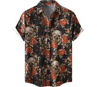 Halloween Shirt Men Fun Pumpkins Skull Short Sleeve Button Down Hawaiian Holiday Shirts, Skull and Roses2, Medium