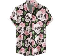 Halloween Shirt Men Fun Pumpkins Skull Short Sleeve Button Down Hawaiian Holiday Shirts, Skull and Roses, Medium