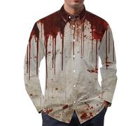 Halloween Shirt Men's Bloody Long Sleeve Costume Funny Print T-Shirt 2025 Button Down Shirt with Blood Pockets Collar Scary Fun T-Shirt for Horror Party Men's Long Sleeve Activewear Coat, beige, S