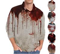 Halloween Shirt Men's Bloody Waffle Shirt Long Sleeve Costume Funny Print T-Shirt Button Down Shirt with Blood Pockets Collar Scary Fun T-Shirt for Horror Party Sweatshirt without Hood Festival, beige
