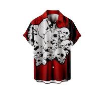 Halloween Shirts for Men 2025 Skeleton Skull Print Costumes Funky Horror Shirt Tops Short Sleeve Button Down T-Shirts Trajes De Hallowen(Red, L)