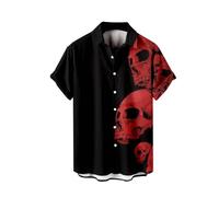 Halloween Shirts for Men 2025 Skeleton Skull Print Costumes Short Sleeve Button Down Shirt Tops Horror Funky T-Shirts Disfraces De Halloween para Hombres Terror(Red, XL)