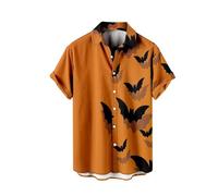 Halloween Shirts for Men Bats Print Shirt Costumes Casual Short Sleeve Button Down Hawaiian T-Shirts 2025 Horror Tops Los Mejores Disfraces De Halloween(Yellow, XXXXL)