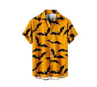 Halloween Shirts for Men Bats Print Shirt Horror Costumes Scary Short Sleeve Button Down Tops Funny Graphic T-Shirts Disfraces De Halloween para Hombres Terror(Orange, S)