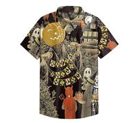 Halloween Shirts for Men Cute Dancing Skull Skeleton Print Shirt Short Sleeve Button Down T-Shirt Horror Costume Tops Traje De Scary Movie para Hombre(Grey, XXL)