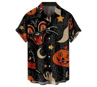 Halloween Shirts for Men Dark Night Pattern Print Shirt Jack O' Lantern Costumes T-Shirts Short Sleeve Button up Tops Traje De Scary Movie para Hombre(Grey, M)