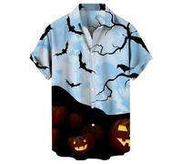 Halloween Shirts for Men Dark Night Pattern Shirt Jack O' Lantern Costumes Tshirt Scary Short Sleeve Button Down Tops Trajes De Halloween para Hombres De Terror(Blue, XXXXXL)