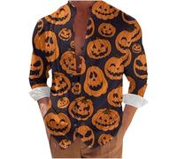 Halloween Shirts for Men Fun Pumpkins Print Shirt Jack O Lantern Costumes Long Sleeve Button Down Hawaiian T-Shirts Trajes De Halloween para Parejas Terror(Orange2, XXL)