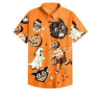 Halloween Shirts for Men Funky Horror Twilight Pattern Print Shirt Short Sleeve Cute Cats T-Shirt Costume Button Tops Trajes De Hallowen(Orange, M)
