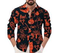 Halloween Shirts for Men Funny Pumpkins Shirt Jack O' Lantern Costumes Long Sleeve Button Down T-Shirts Party Outfit Trajes para Halloween(Orange, XXXXL)