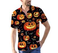 Halloween Shirts for Men Green Bats Print Shirt Short Sleeve Button Down T-Shirt 2025 Costumes Clothing Graphic Tees Trajes De Halloween para Parejas Terror(Orange, L)