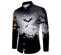 Halloween Shirts for Men Horror Night Pattern Print Costumes Spooky Theme T-Shirts Long Sleeve Button Down Shirt Tops Trajes De Halloween Hombres De Terror(Grey, S)