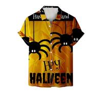 Halloween Shirts for Men Horror Spider Web Print T-Shirts Spooky Theme Costumes Short Sleeve Button Down Shirt Tops Traje De Halloween(Orange7, XL)