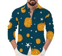 Halloween Shirts for Men Jack O' Lantern Costumes 2025 Pumpkins Face Print Shirt Long Sleeve Button Down T-Shirts Trajes De Halloween Hombres De Terror(Blue, M)