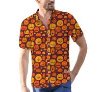 Halloween Shirts for Men Jack O' Lantern Costumes Pumpkins Face Letter Print Shirt Short Sleeve Button Down T-Shirts Trajes De Halloween para Hombres De Terror(Orange, XXXL)
