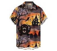 Halloween Shirts for Men Jack O' Lantern Costumes T-Shirt 2025 Dark Night Pattern Shirt Short Sleeve Button Down Tops Los Mejores Disfraces De Halloween(Grey, XXXL)