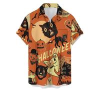 Halloween Shirts for Men Jack O' Lantern Ghost Cats Print Shirt with Pocket Short Sleeve Pumpkin Face T-Shirt Costume Trajes para Halloween(Beige, XL)