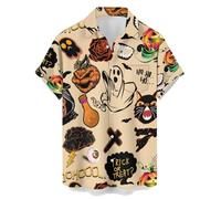 Halloween Shirts for Men Jack O' Lantern Ghost Cats Print Shirt with Pocket Short Sleeve Pumpkin Face T-Shirt Costume Trajes De Halloween Hombres De Terror(Khaki, XXXL)