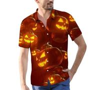 Halloween Shirts for Men Jack O' Lantern Print Shirt Pumpkin Face T-Shirts Button Down Short Sleeve Costumes Clothing Disfraces De Halloween para Hombres Terror(Orange, XXXL)