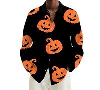 Halloween Shirts for Men Jack O Lantern Shirt Pumpkins Face Costumes Long Sleeve Hawaiian T-Shirts Button Down Tops Trajes De Halloween para Parejas Terror(Orange, XXXL)