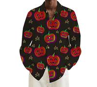 Halloween Shirts for Men Jack O Lantern Shirt Pumpkins Face Long Sleeve Costumes Button Down Hawaiian T-Shirts Tops Trajes De Halloween para Parejas Terror(Red, XXXXL)