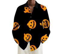 Halloween Shirts for Men Jack O Lantern Shirt Scary Pumpkins Face Long Sleeve T-Shirt Costumes Fall Button Down Tops Trajes De Halloween Hombres De Terror(Orange, XXXXXL)