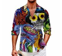 Halloween Shirts for Men Long Sleeve Button Down Shirt Horror Skull Skeleton Costumes Scary Tops Fashion T-Shirts Trajes De Halloween Hombres De Terror(Yellow, XXXXL)