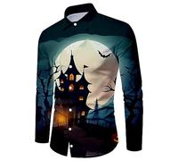 Halloween Shirts for Men Long Sleeve Button Down Shirt Horror Spooky Theme T-Shirts Night Pattern Print Costumes Tops Disfraces para Adultos Halloween(Blue, XXXXXL)