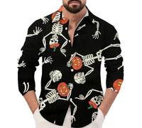 Halloween Shirts for Men Long Sleeve Button Down Shirt Horror Spooky Theme T-Shirts Night Pattern Print Costumes Tops Halloween De Hombre(Z11-Black, L)