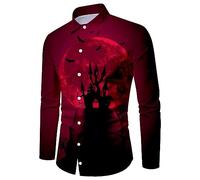 Halloween Shirts for Men Long Sleeve Button Down Shirt Horror Spooky Theme T-Shirts Night Pattern Print Costumes Tops Disfraces Graciosos para Halloween(Red, M)