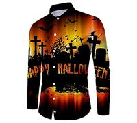 Halloween Shirts for Men Long Sleeve Button Down Shirt Spooky Theme T-Shirts Horror Night Pattern Print Costumes Tops Los Mejores Disfraces De Halloween(Orange, XXXL)