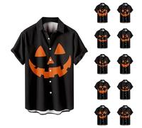 Halloween Shirts for Men Pumpkin Skull Print Shirt Costumes Short Sleeve Button Down Hawaiian T-Shirts Horror Tops Disfraces De Halloween para Hombres Terror(Black10, S)