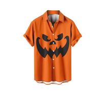 Halloween Shirts for Men Pumpkin Skull Print Shirt Costumes Short Sleeve Button Down T-Shirts Casual Horror Tops 2025 Trajes De Halloween para Hombres De Terror(Orange10, XL)